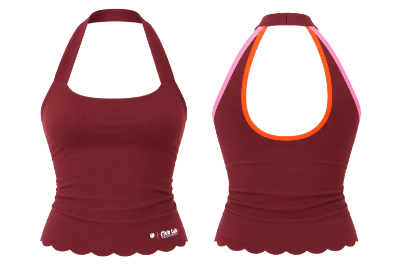 Peaches Active - Paris Stripe Halter Neck Top Solid Edition Red Maroon