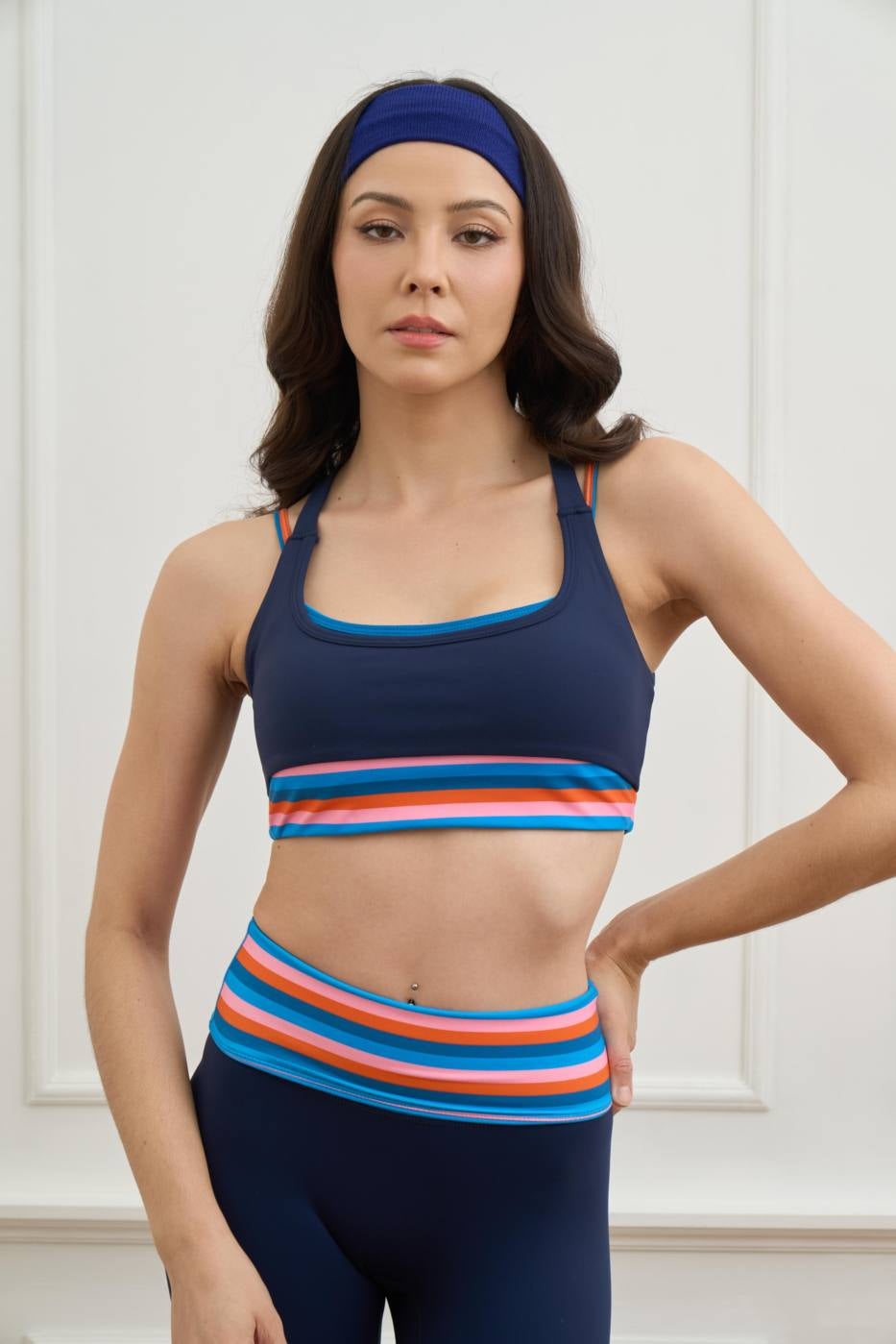 Peaches Active - Paris Stripe Limited Double Layer Bra 2 Back Cut-Out Ink Navy - Rainbow