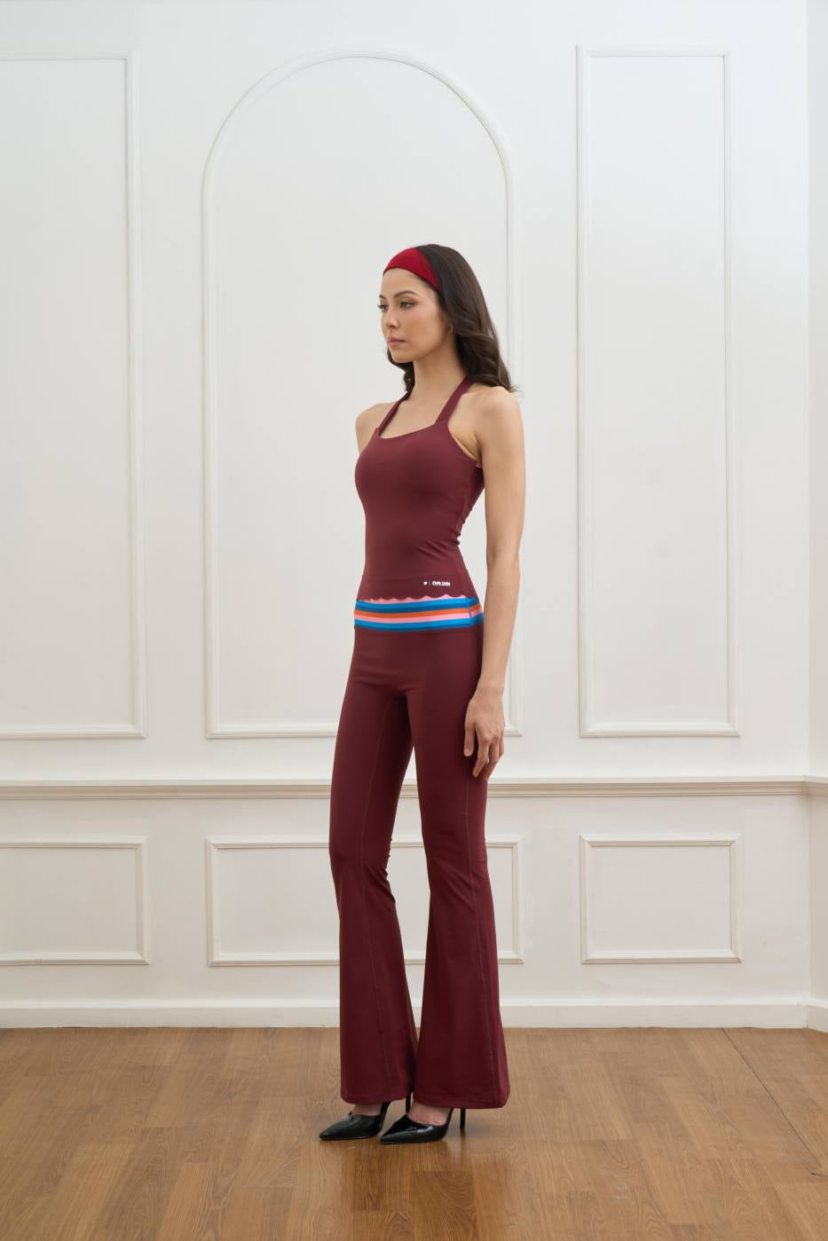 Peaches Active - Paris Stripe Limited Flared Leggings Red Maroon - Rainbow