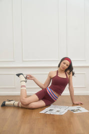 Peaches Active - Paris Stripe Limited Wavy Shorts Red Maroon - Rainbow